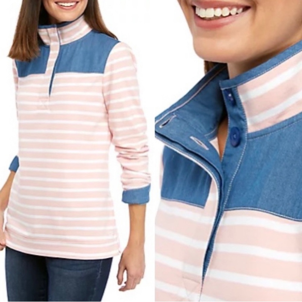 crown & ivy Pink and White Striped Harper Pullover